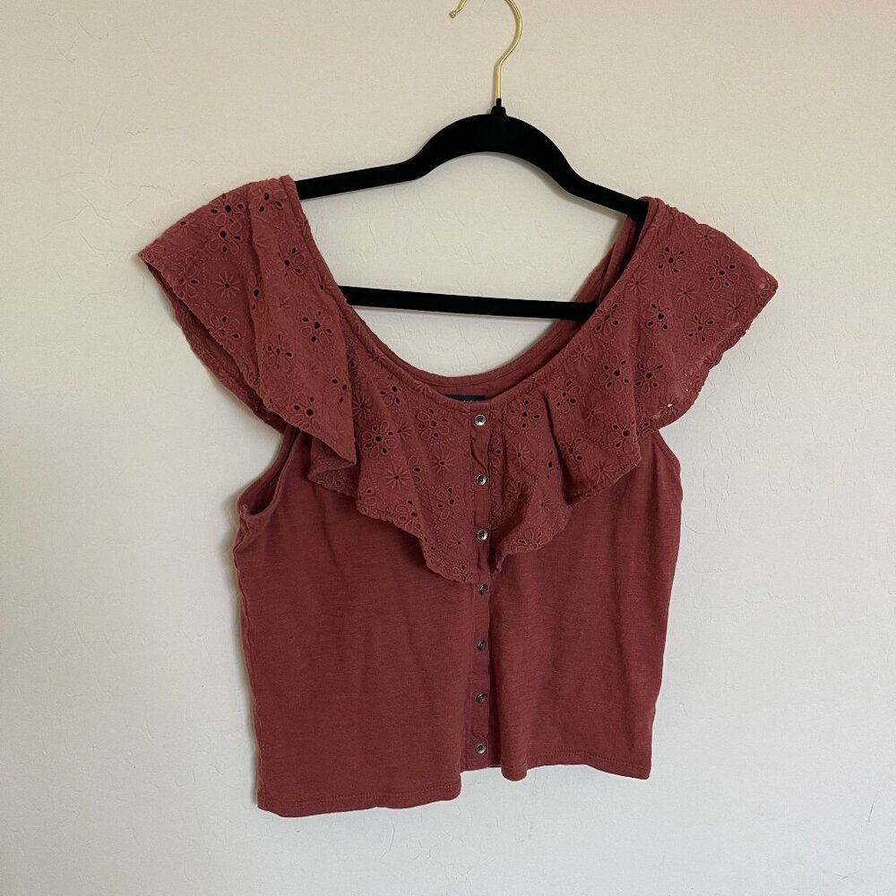 American Eagle Rust Button Down Tank with Eyelet Draped Collar